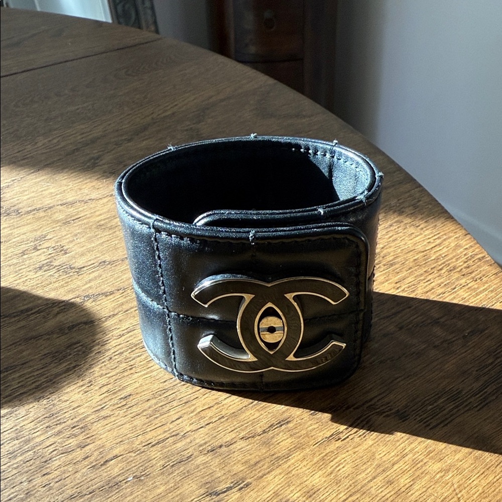 Authentic CHANEL Black Leather Cuff Bracelet with Gold CC Logo